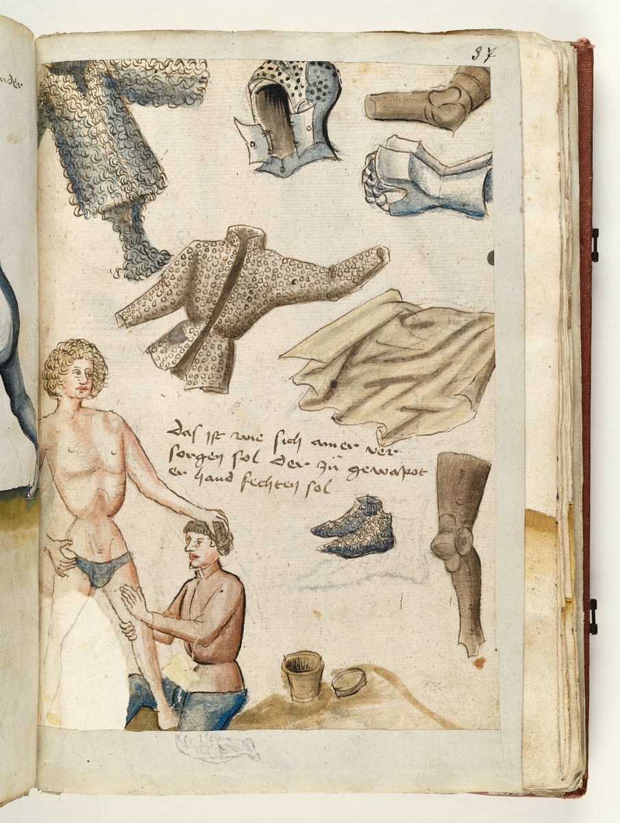 Die Kleidung für den Dolchkampf in einzelnen Stücken. Links unten wird der nur mit einem Schurz bekleidete Jüngling massiert. Fecht- und Ringerbuch der Brüder vom Stain (nach Talhoffer)