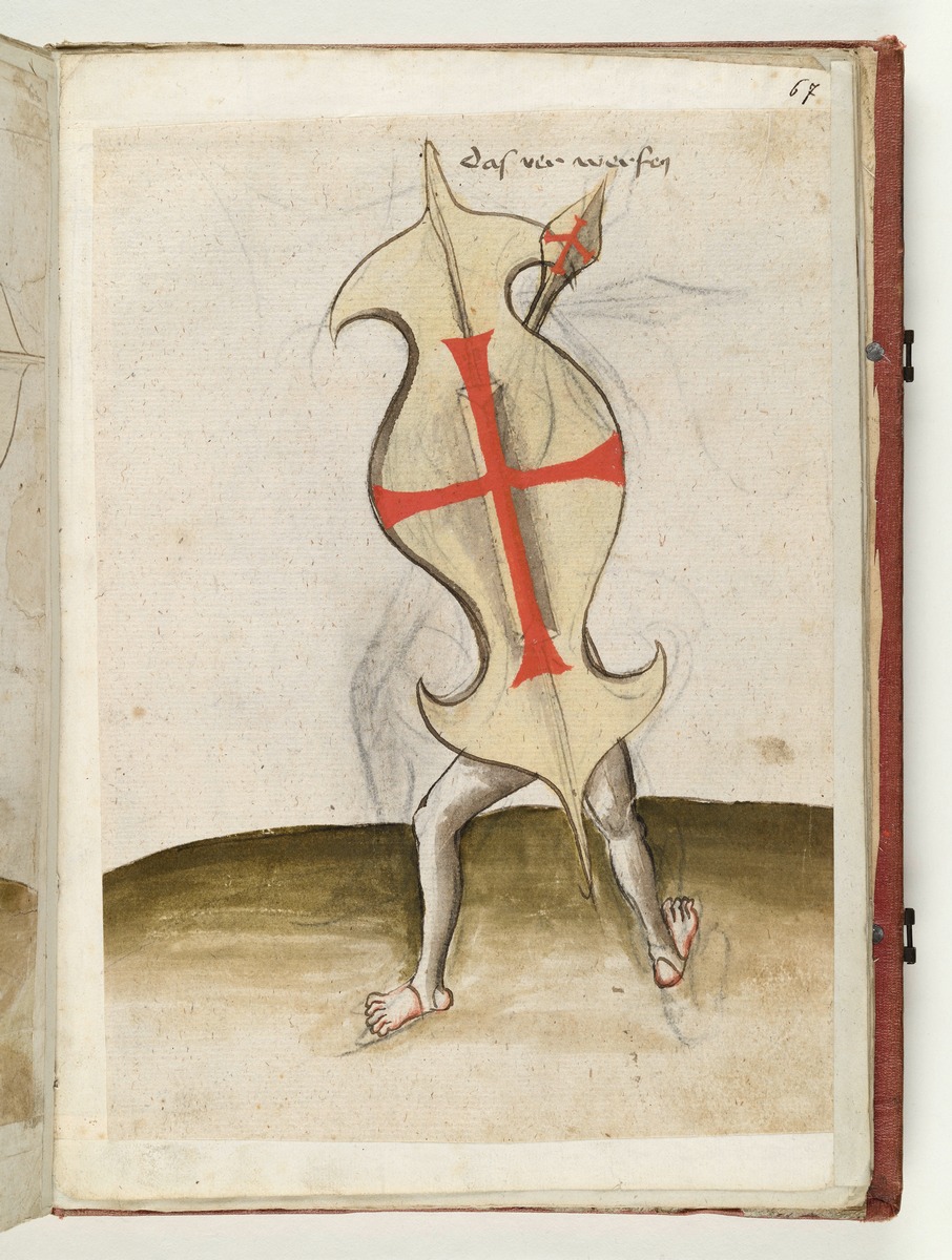 Abwehrstellung mit dem senkrecht gehaltenen Schild. Fecht- und Ringerbuch der Brüder vom Stain (nach Talhoffer)
