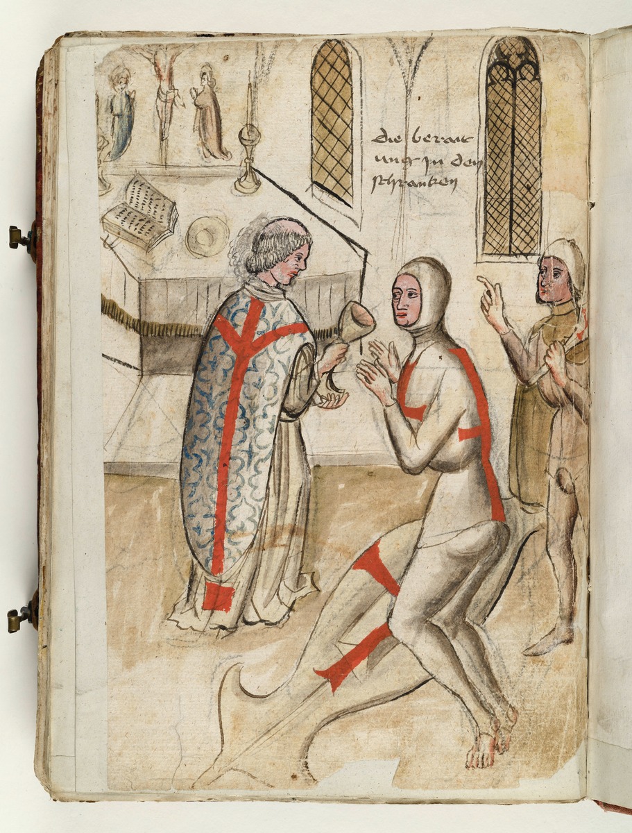 Der Gerichtskämpfer empfängt am Altar vom Priester die letzte Messe. Fecht- und Ringerbuch der Brüder vom Stain (nach Talhoffer)