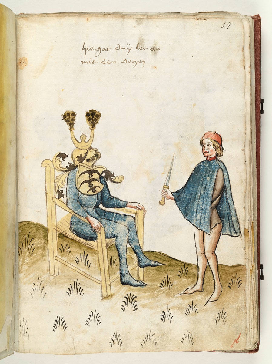 Dolchkampf. Der Ritter sitzt mit Zierheim und Wappen auf einem Stuhl. Ein Knappe bringt ihm den Dolch. Fecht- und Ringerbuch der Brüder vom Stain (nach Talhoffer)