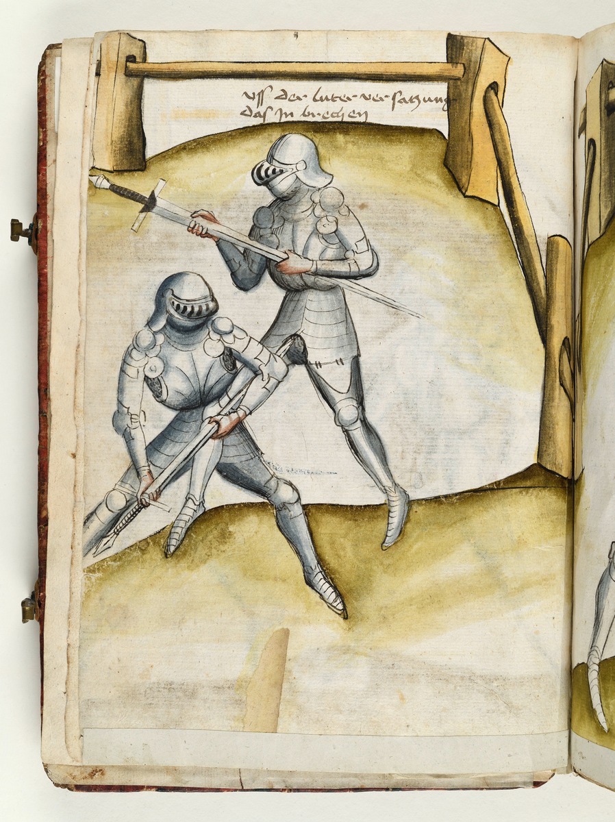 Der eine Ritter stellt dem andern ein Bein und sucht ihn von unten in den Leib zu stechen. Fecht- und Ringerbuch der Brüder vom Stain (nach Talhoffer)