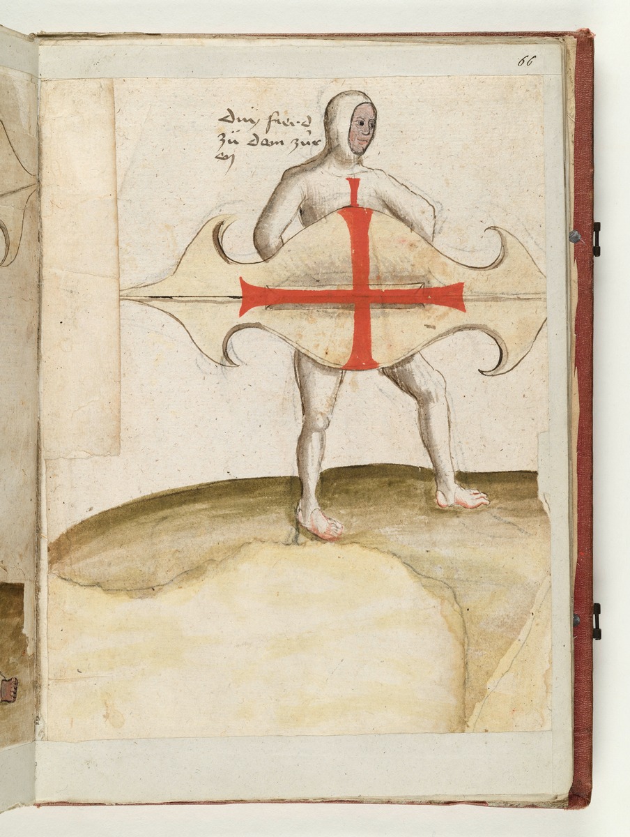 Gegenstellung: Der eine Kämpfer mit vor sich gehaltenem Schild: „der lost in an“. Fecht- und Ringerbuch der Brüder vom Stain (nach Talhoffer)