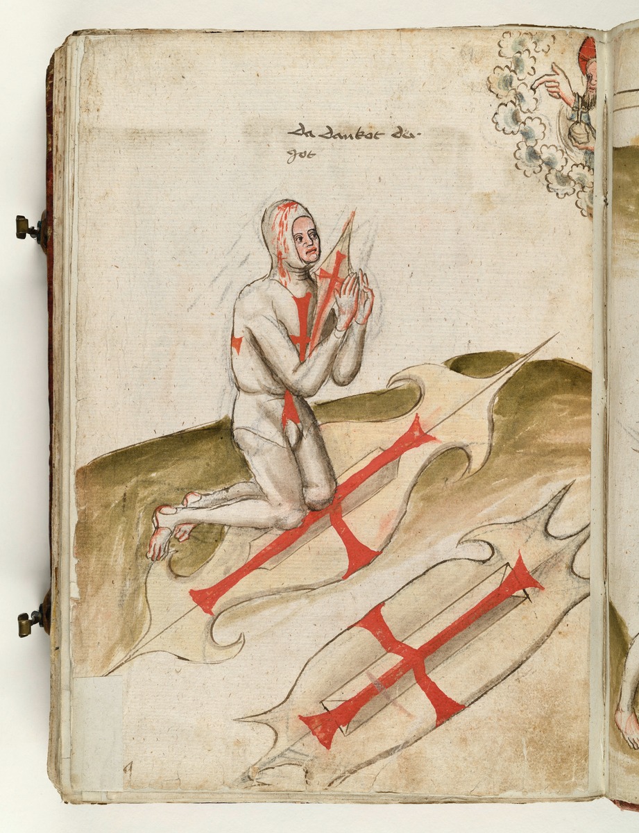 Der Sieger kniet im Dankgebet vor Gott. Fecht- und Ringerbuch der Brüder vom Stain (nach Talhoffer)