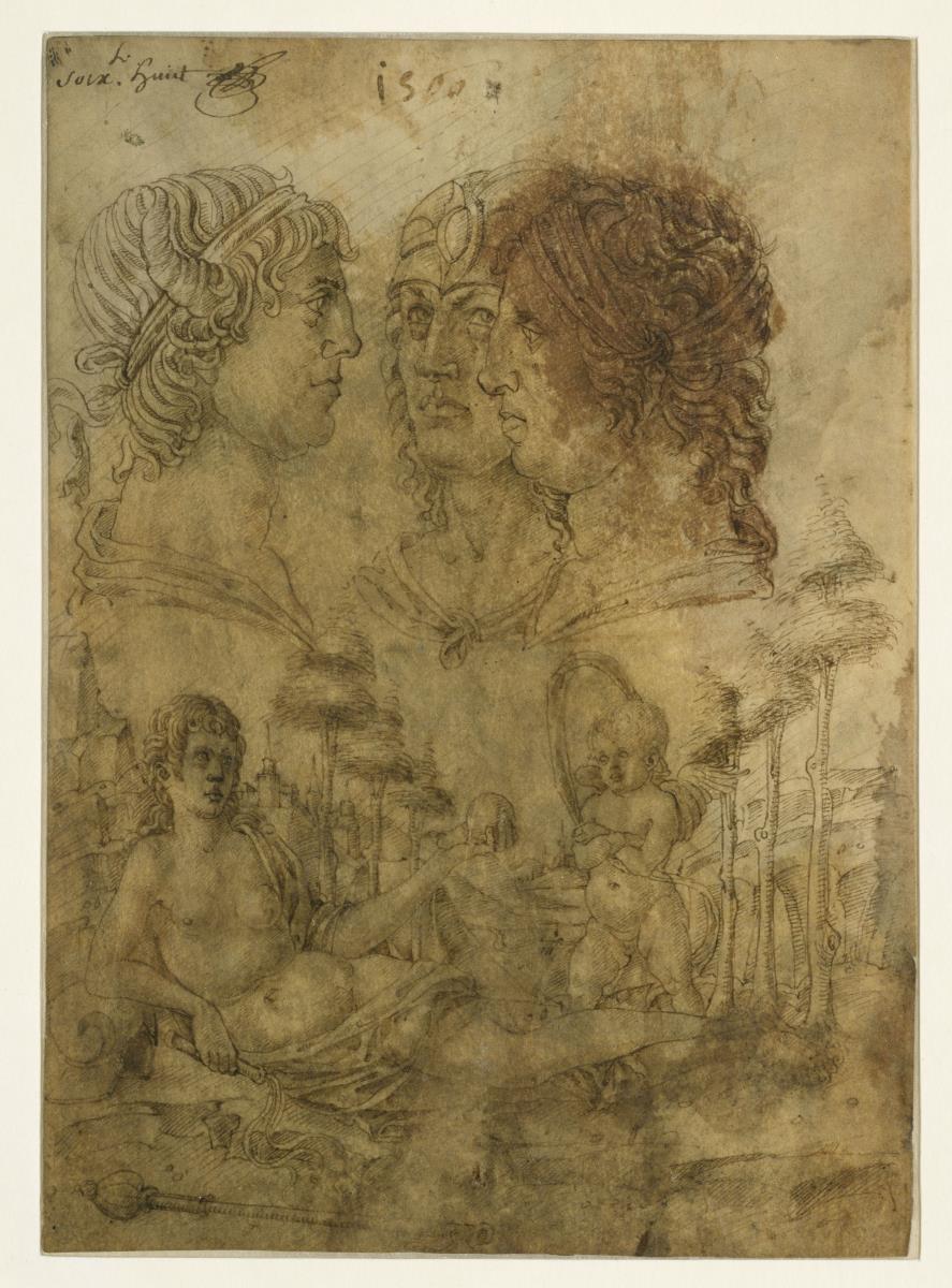 Drei Köpfe; Venus und Amor in einer Landschaft