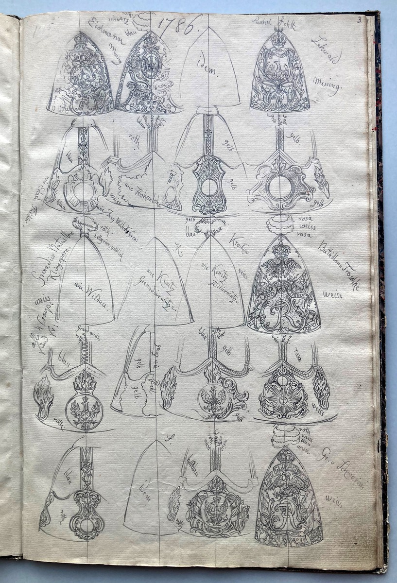 "Eigenhändige Zeichnungen aller Grenadier und Füsilier=Mützen, welche auf dem Montirungs-Depot aufbewahrt werden". 10 Blatt Zeichnungen in einem Buch gebunden