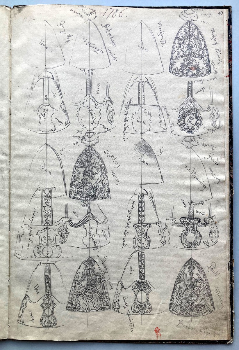 "Eigenhändige Zeichnungen aller Grenadier und Füsilier=Mützen, welche auf dem Montirungs-Depot aufbewahrt werden". 10 Blatt Zeichnungen in einem Buch gebunden