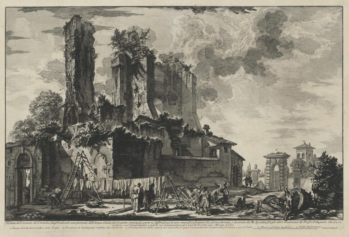 Ansicht der Überreste des Brunnenkopfes, der einen Teil der Acqua Giulia einnimmt (aus: Vedute di Roma)