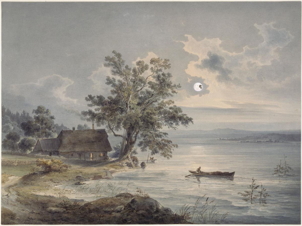 Bauernhaus am See bei Mondschein