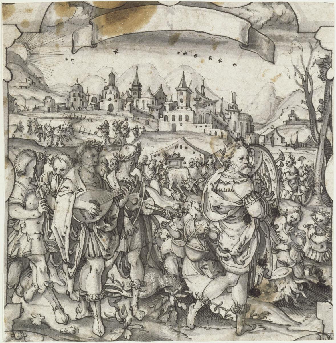 Die Israeliten musizieren vor den Mauern von Jericho. Vorn zieht der König harfespielend mit seinem Gefolge nach rechts. Oben leeres Schriftband. Seitenstück zum vorigen Blatt
