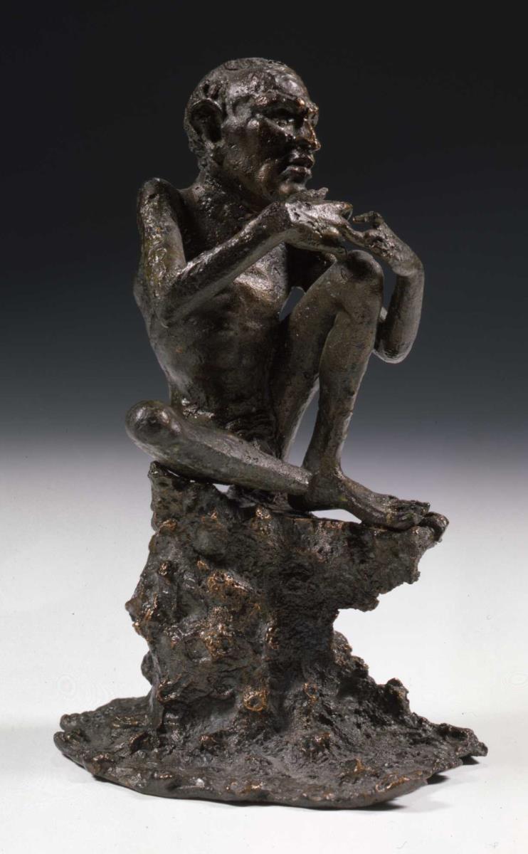 Alexandrinisch-hellenistische Statuette eines auf einem Felsen sitzenden buckligen Bettlers