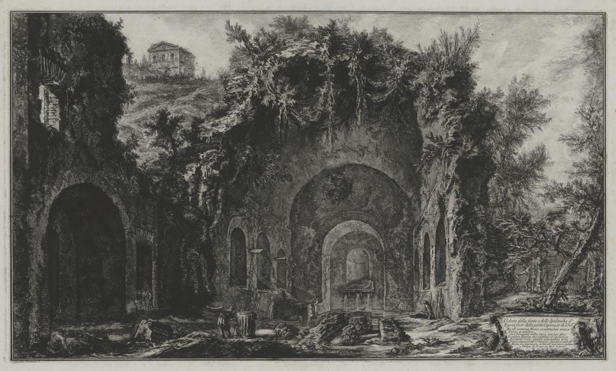 Ansicht der Quelle und der Grotte der Egeria außerhalb der Porta Capena oder der von San Sebastian (aus: Vedute di Roma)