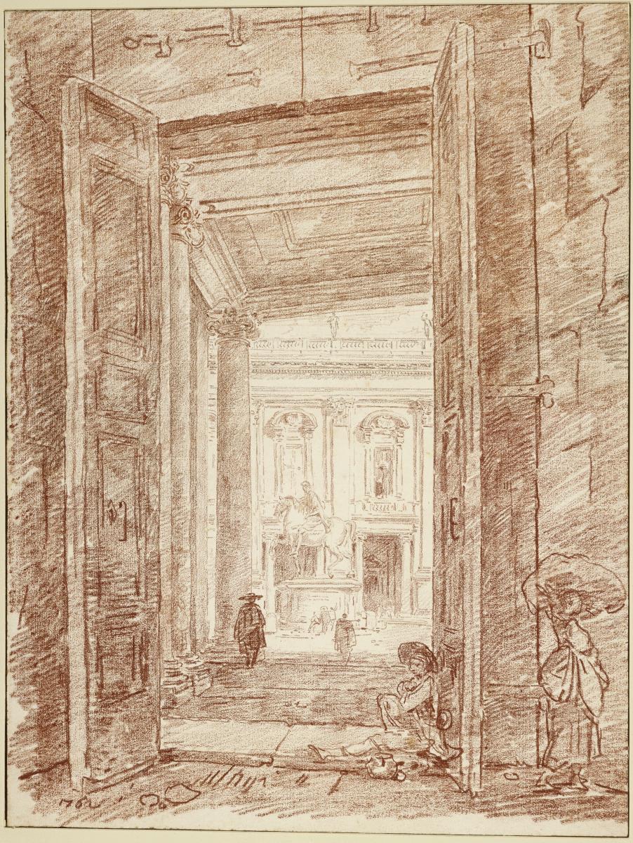 Blick aus dem Konservatorenpalast auf das bronzene Reiterstandbild des Mark Aurel