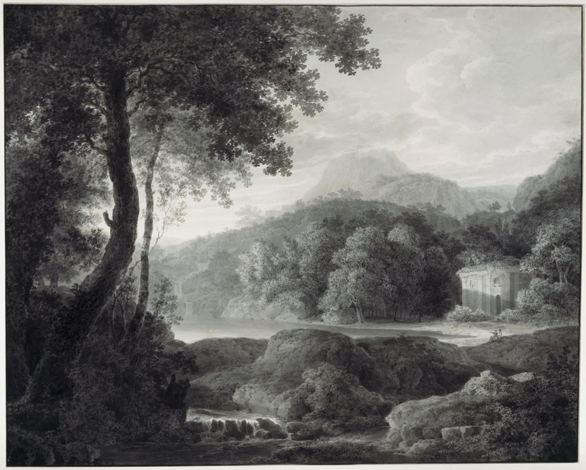 Waldige Gebirgslandschaft mit See und Wasserfällen. Rechts zwischen Bäumen ein Rundtempel