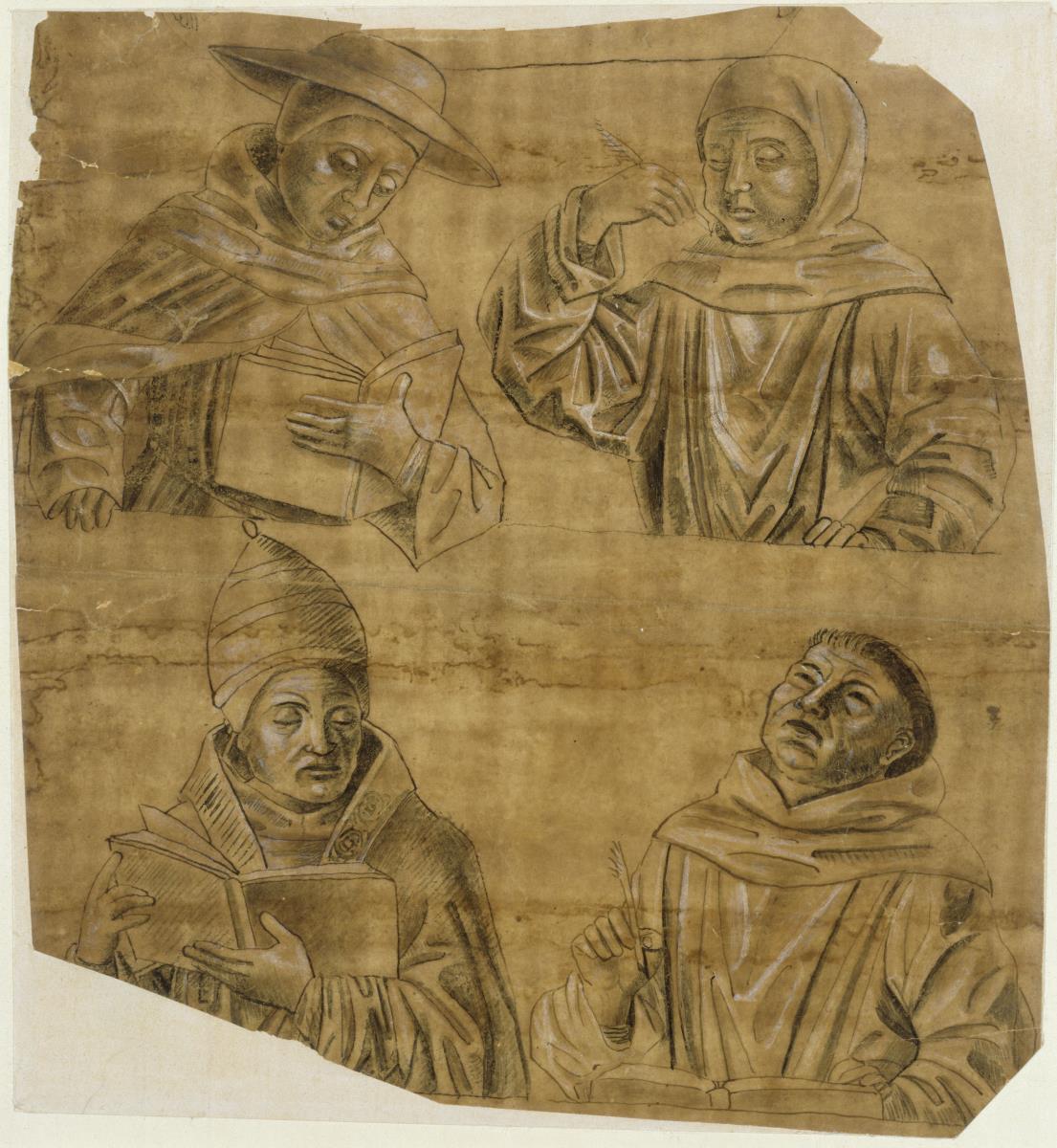 Zwei lesende Kirchenväter (heiliger Gregorius Magnus? und Heiliger Hieronymus) sowie zwei schreibende Mönche (heiliger Bernhard und heiliger Antonius?), jeweils in Halbfigur