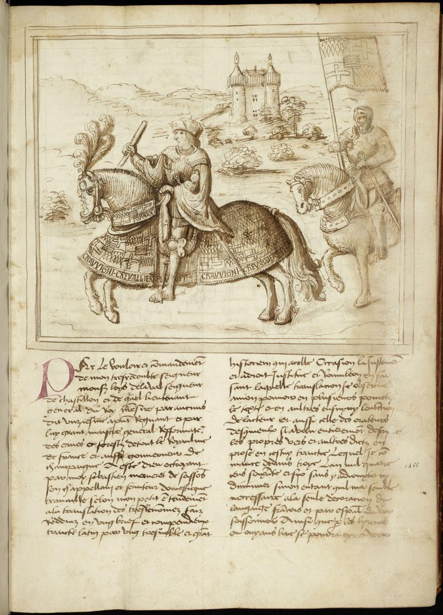 Turnierritter und Bannerträger vor seinem Schloss. aus: Romuleon