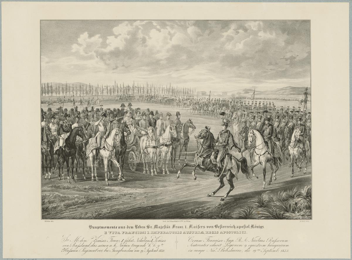 Gruppenbild Kaiser Franz Joseph I. führt Nikolaus I., Kaiser von Russland sein Regiment vor.