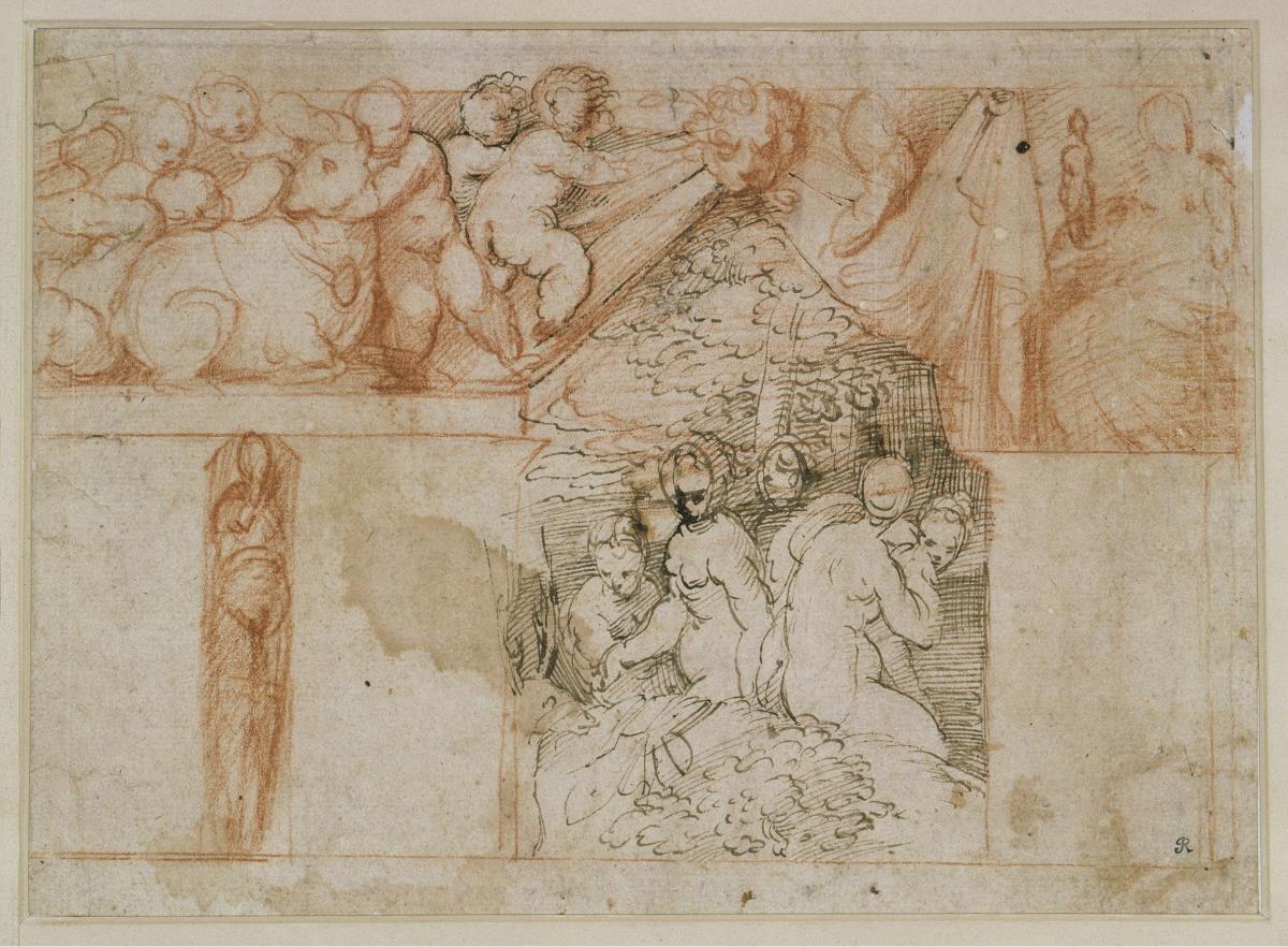 Entwurf für eine Wanddekoration mit Puttenfries und einer Darstellung von Diana und ihren Nymphen (Ideenskizze für die Freskendekoration für das camerino in der Rocca Sanvitale in Fontanellato bei Parma)
