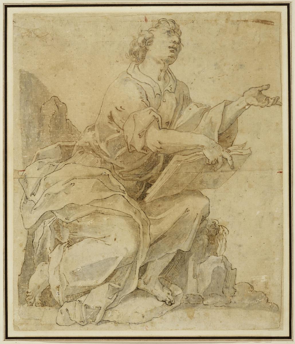 Sitzende männliche Figur mit Buch (Hl. Johannes auf Patmos)