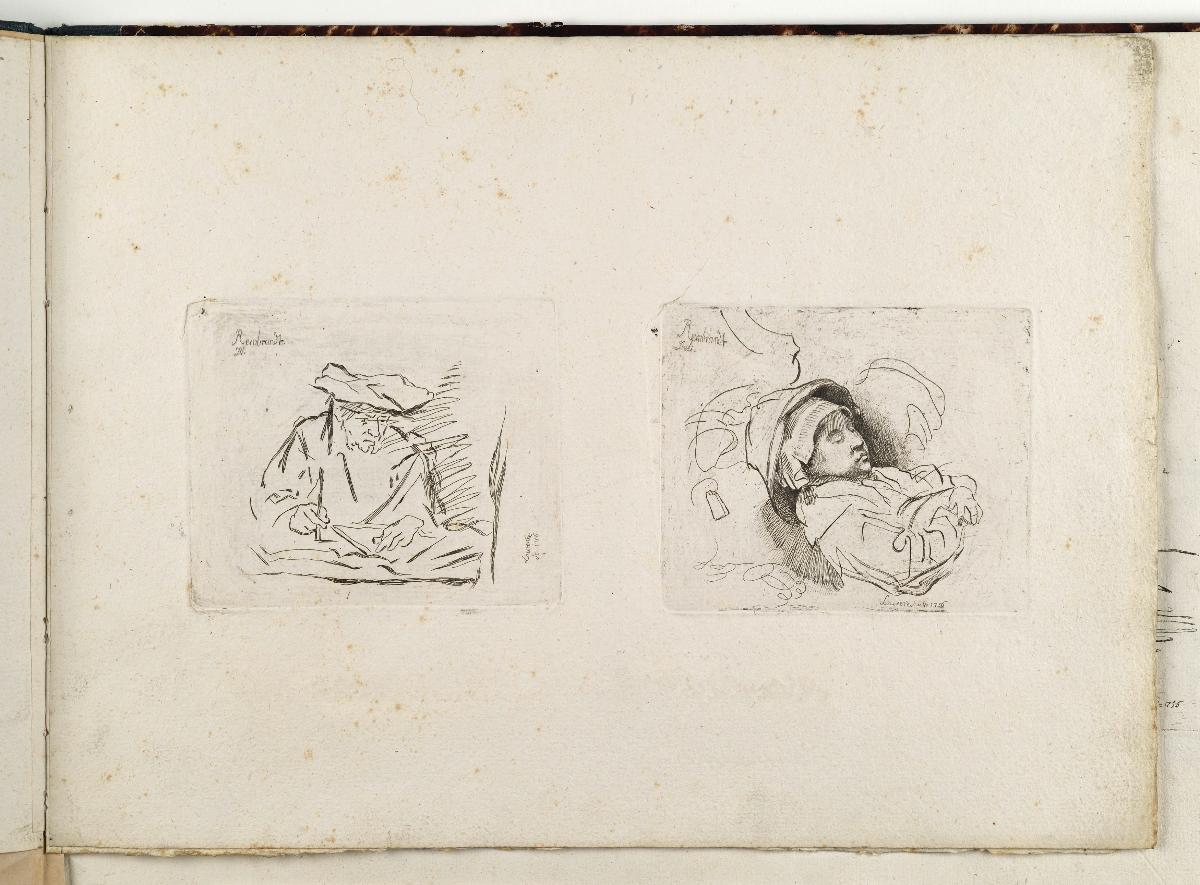 Schreibender Mann mit Barett / Schlafendes Kind. in: Recueil de differents sujets d’étude gravé d’après les dessins de Rembrandt par D. Laurentz