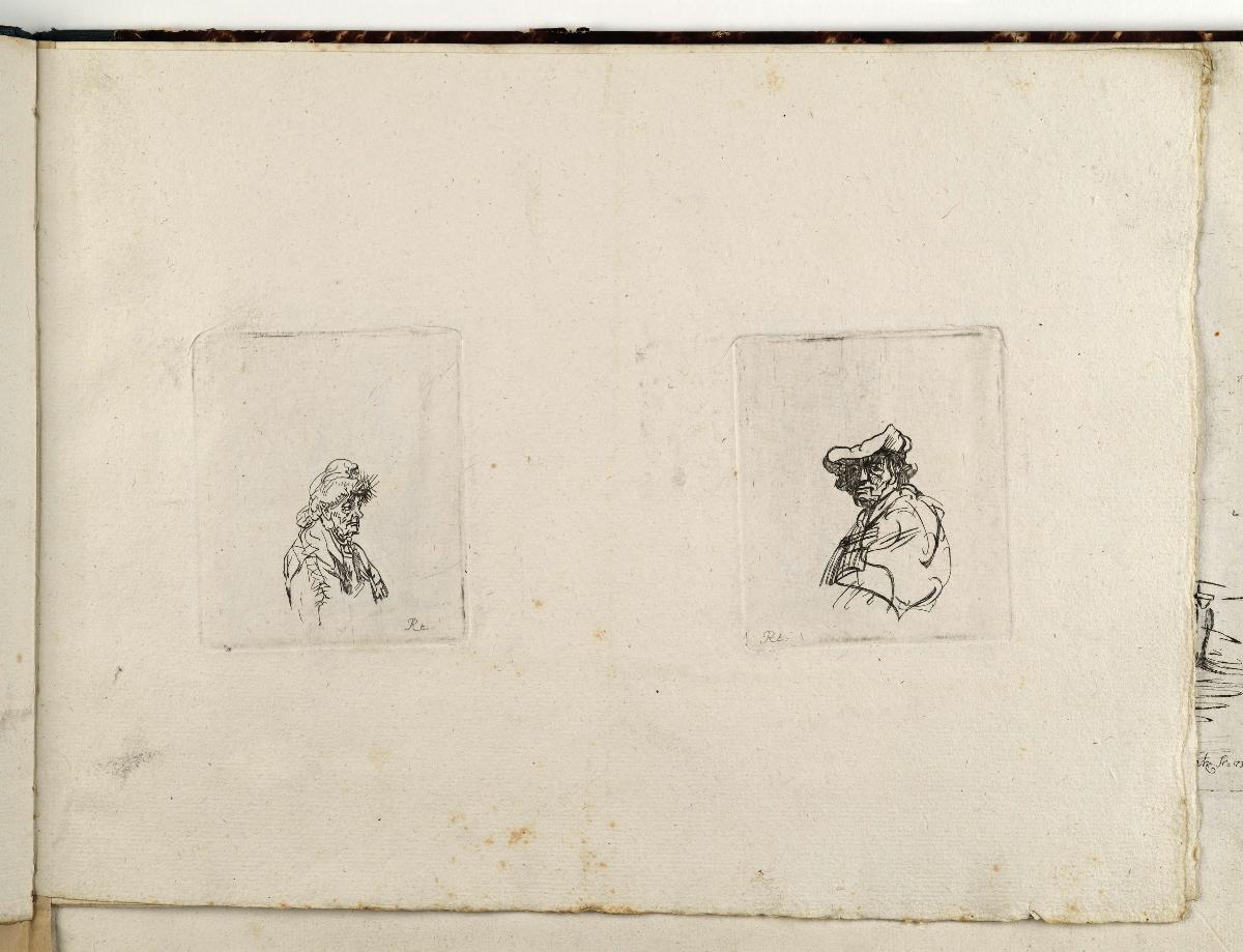 Alte Frau mit Hut nach rechts / Mann mit Barett nach links. in: Recueil de differents sujets d’étude gravé d’après les dessins de Rembrandt par D. Laurentz