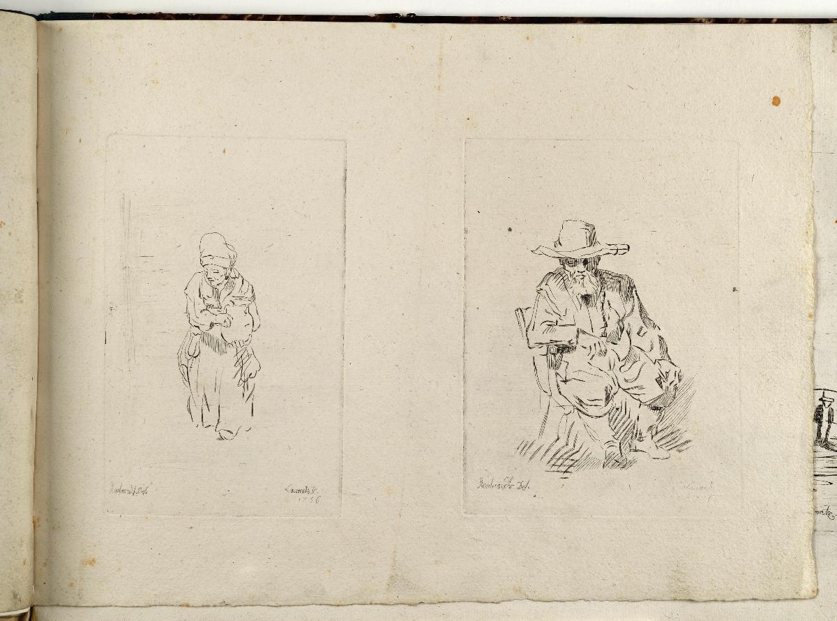 Gehende Frau mit Krug / Sitzender alter Mann mit großem Hut. in: Recueil de differents sujets d’étude gravé d’après les dessins de Rembrandt par D. Laurentz