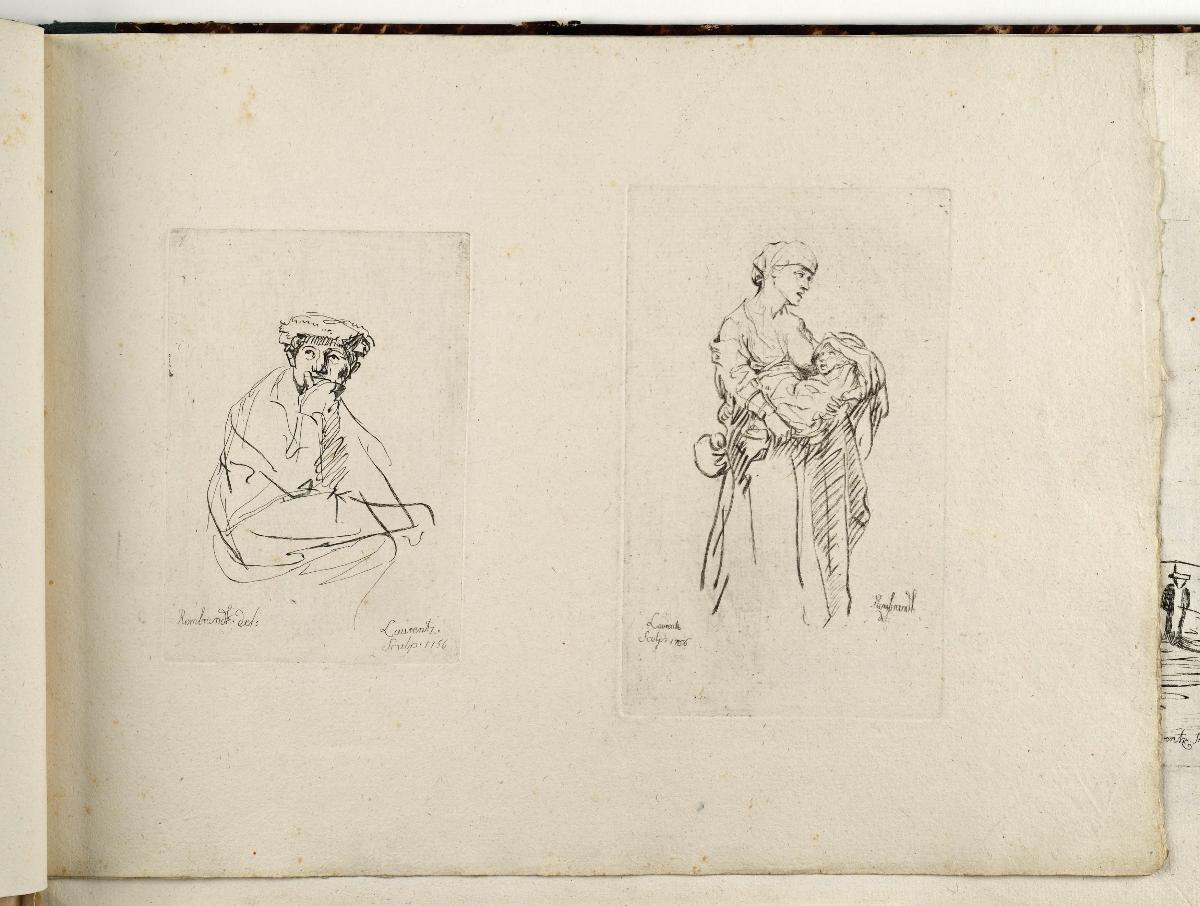 Sitzender Mann mit der Hand am Kinn / Stehende stillende Frau. in: Recueil de differents sujets d’étude gravé d’après les dessins de Rembrandt par D. Laurentz