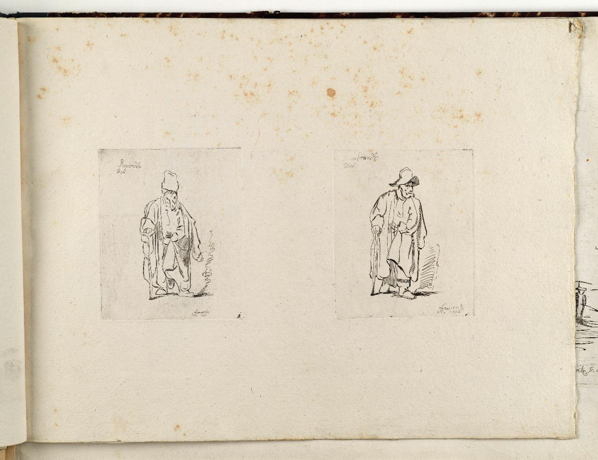 Alter Mann am Stock gehend / Alter Mann am Stock gehend. in: Recueil de differents sujets d’étude gravé d’après les dessins de Rembrandt par D. Laurentz