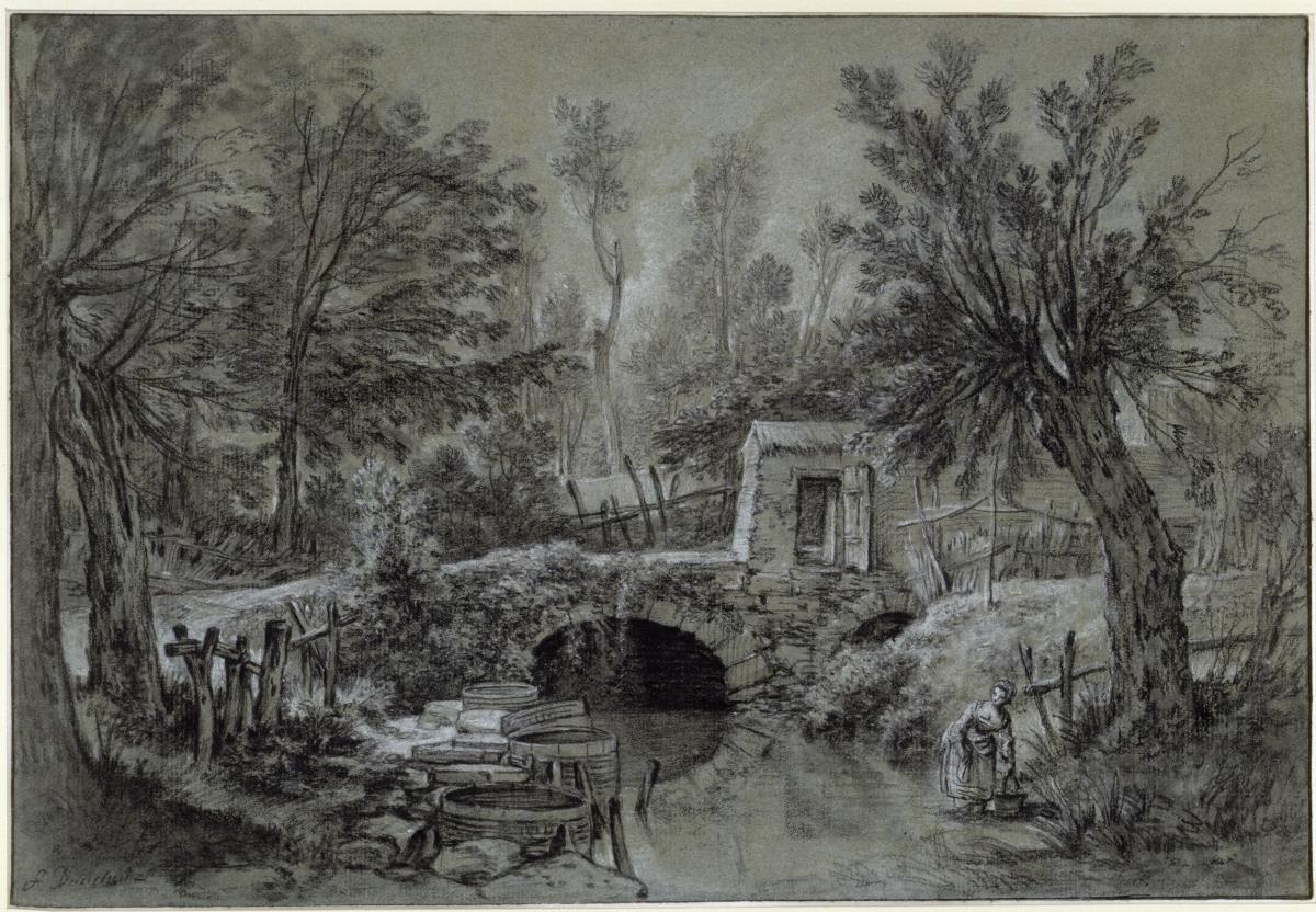 Landschaft mit Bach und Brücke