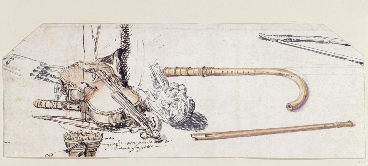Studie verschiedener Musikinstrumente (Violine mit Bogen, Krummhorn, Tanzpfeife und Fagott)