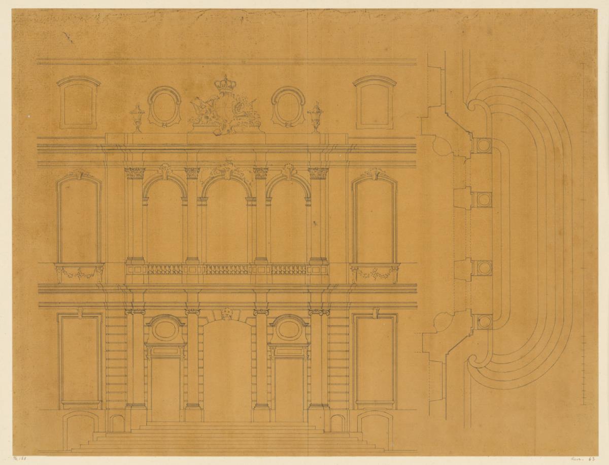 Schloss Wilhelmstal bei Kassel, Aufriss, rechs Detail Treppenanlage