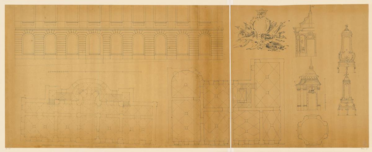 Schloss Bellevue zu Kassel, Grundrisse, Fassadendetail Hofseite, re.Wappenkartusche, Grundriss Pavillon, zwei Aufrisse, zwei Ofenvarianten