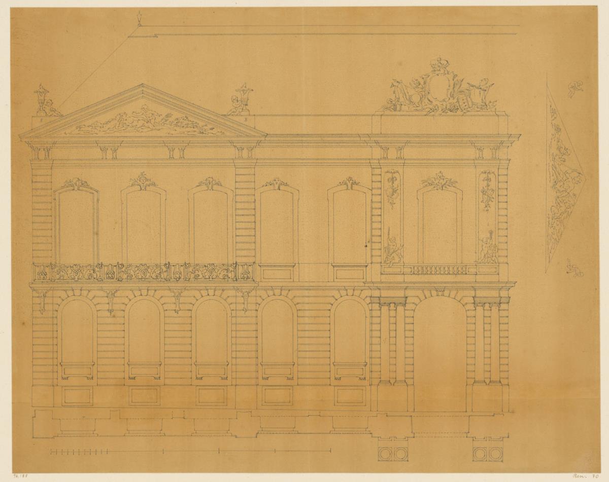 Schloss Bellevue zu Kassel, Aufriss, re.Darstellung Giebelrelief