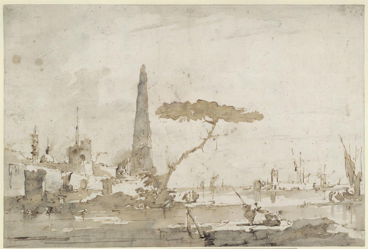 Capriccio einer Lagunenstadt mit Löwenmonument, Obelisk und Pinie