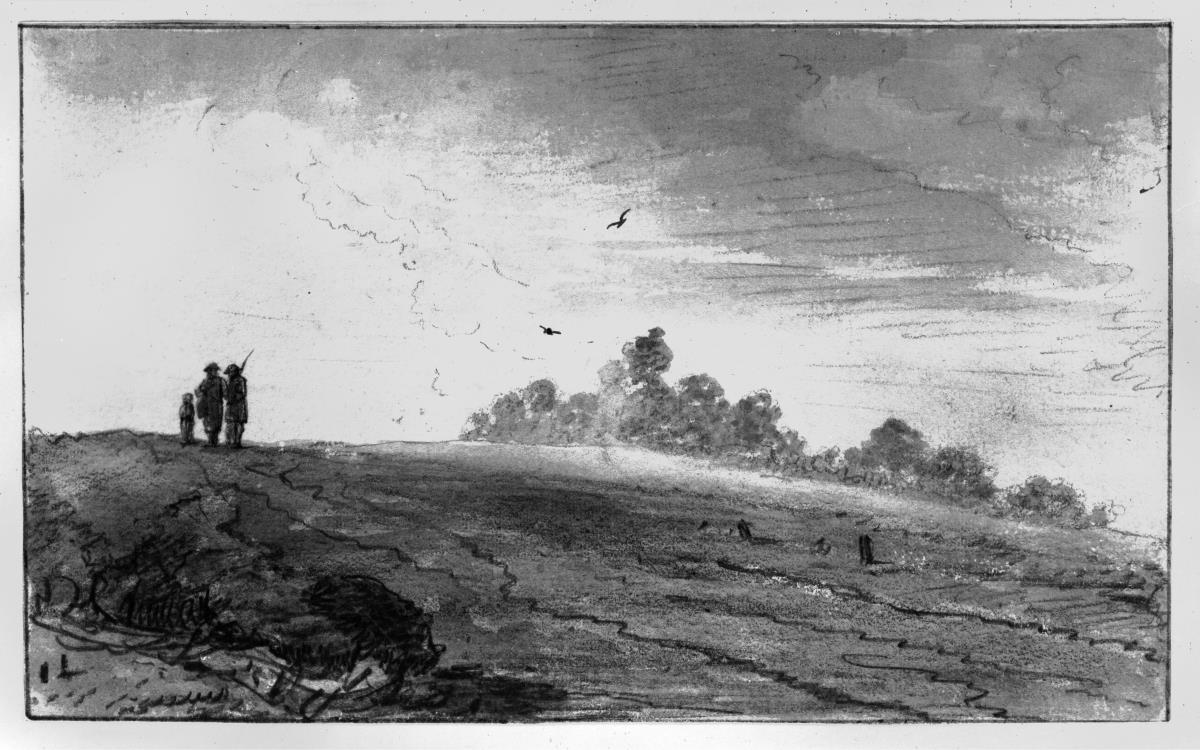 Landschaft mit Weg über einen Hügel, darauf zwei Männer und ein Kind, im Hintergrund rechts Gehölz