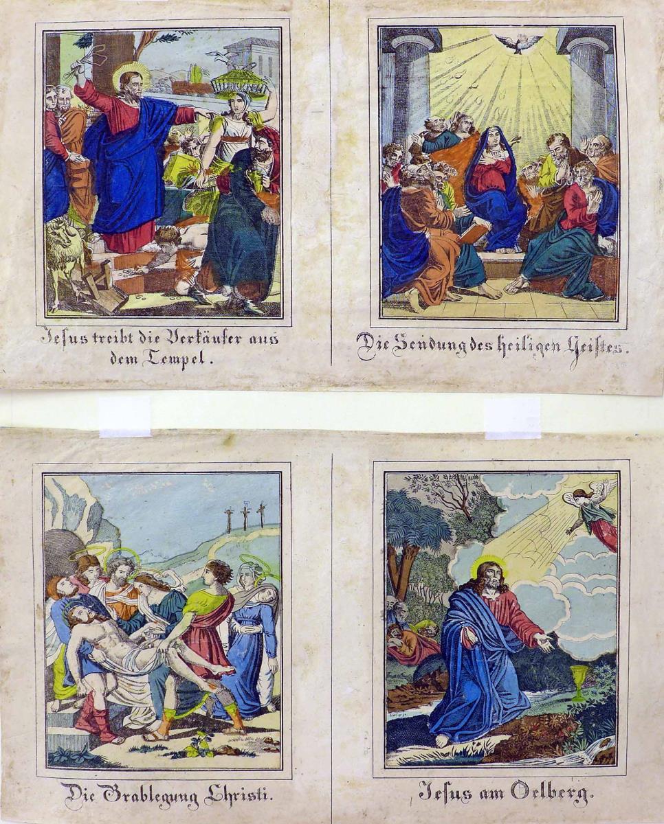 Jesus treibt die Verkäufer aus dem Tempel. Die Wendung des heiligen Geistes. Die Grablegung Christi. Jesus am Ölberg.