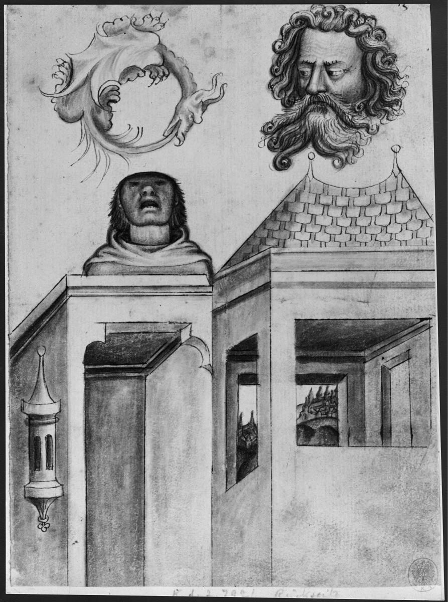 Architektur mit Durchblick auf eine Landschaft. Oben ein emporblickender bartloser Kopf und ein zweiter mit langem Bart. Links oben ein Drache in Ringform (Mauerring? Türklopfer?)