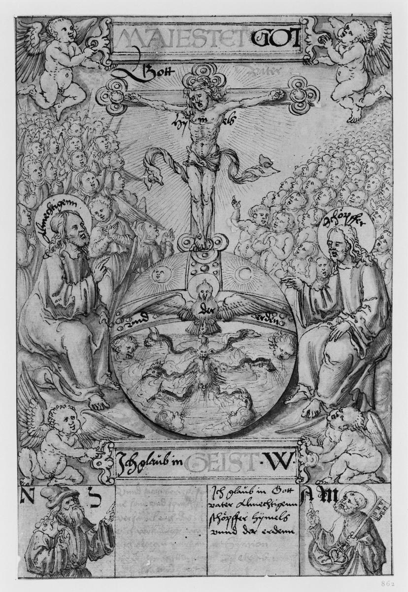 Zwölf Blatt Erläuterungen des Apostolischen Glaubensbekenntnisses. 1. Der Gekreuzigte auf der Weltkugel, umgeben von Engelchören, links und rechts Gottvater und Christus sitzend