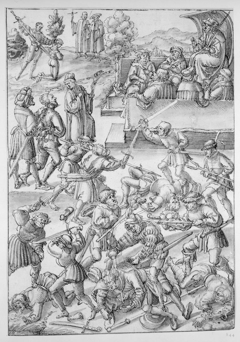 Sechs Blatt mit allegorischen Darstellungen der Todsünden. Der Totschlag
