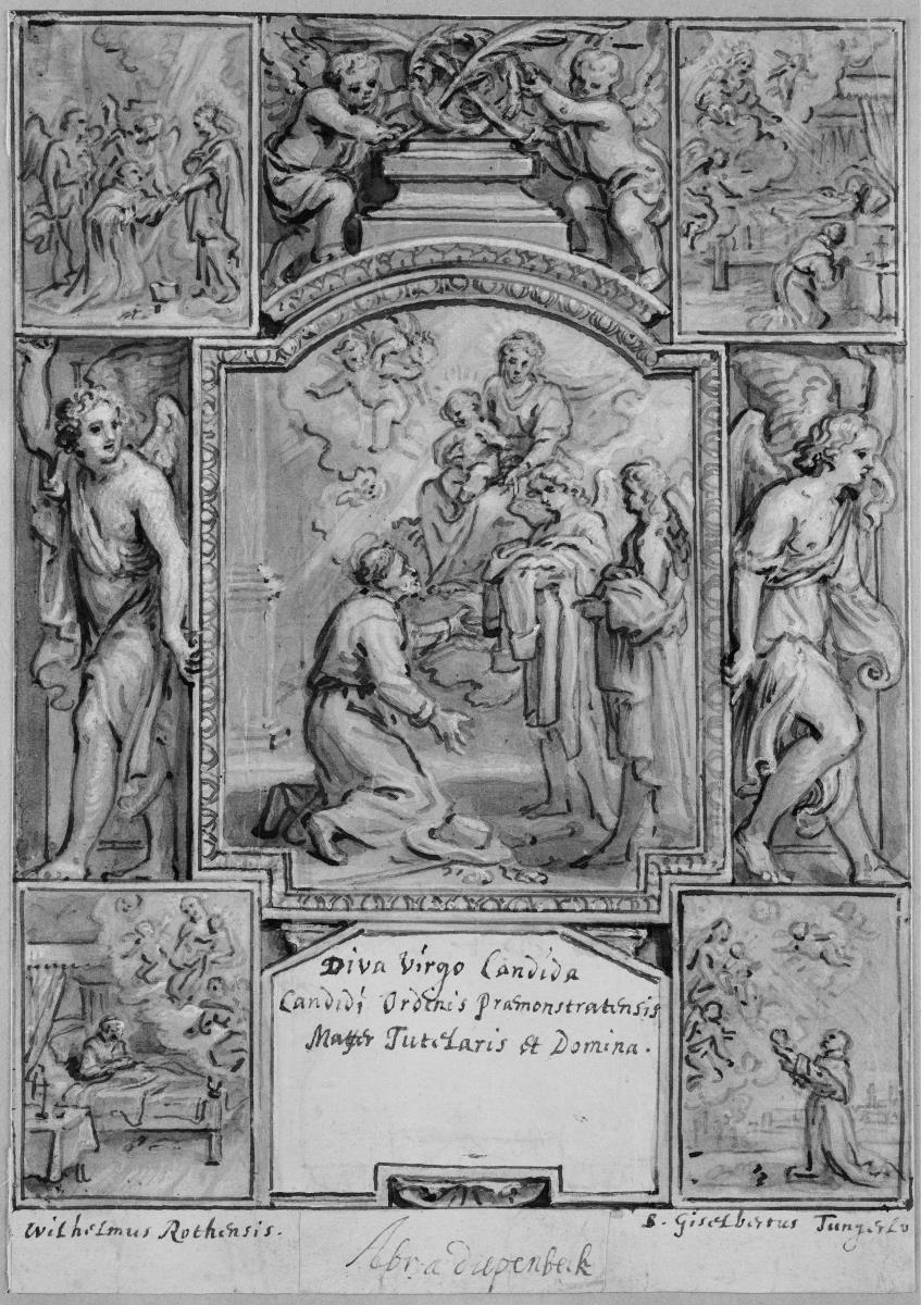 Titelblatt. Maria mit Kind auf den Wolken, rechts zwei Engel, links der hl. Norbert. In den Ecken Szenen aus dem Leben der hl. Jacobus, Giselbertus, Joseph und Wilhelmus