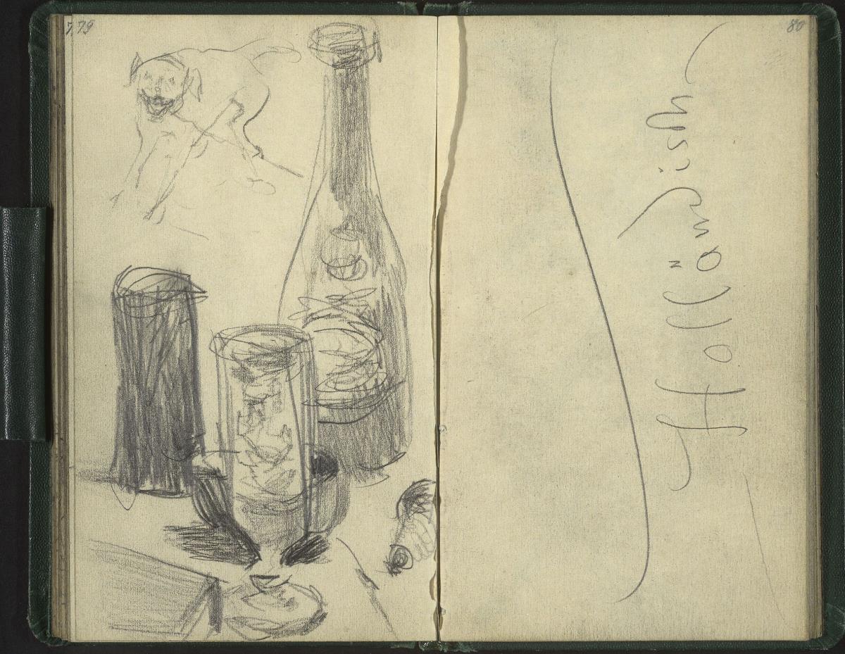 Hund, Flasche und Gläser