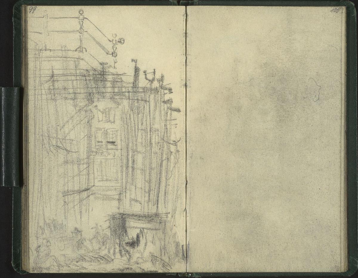 Schiffs(?)-Geländer, Blick auf ein Haus durch ein gerüstartiges Bauwerk