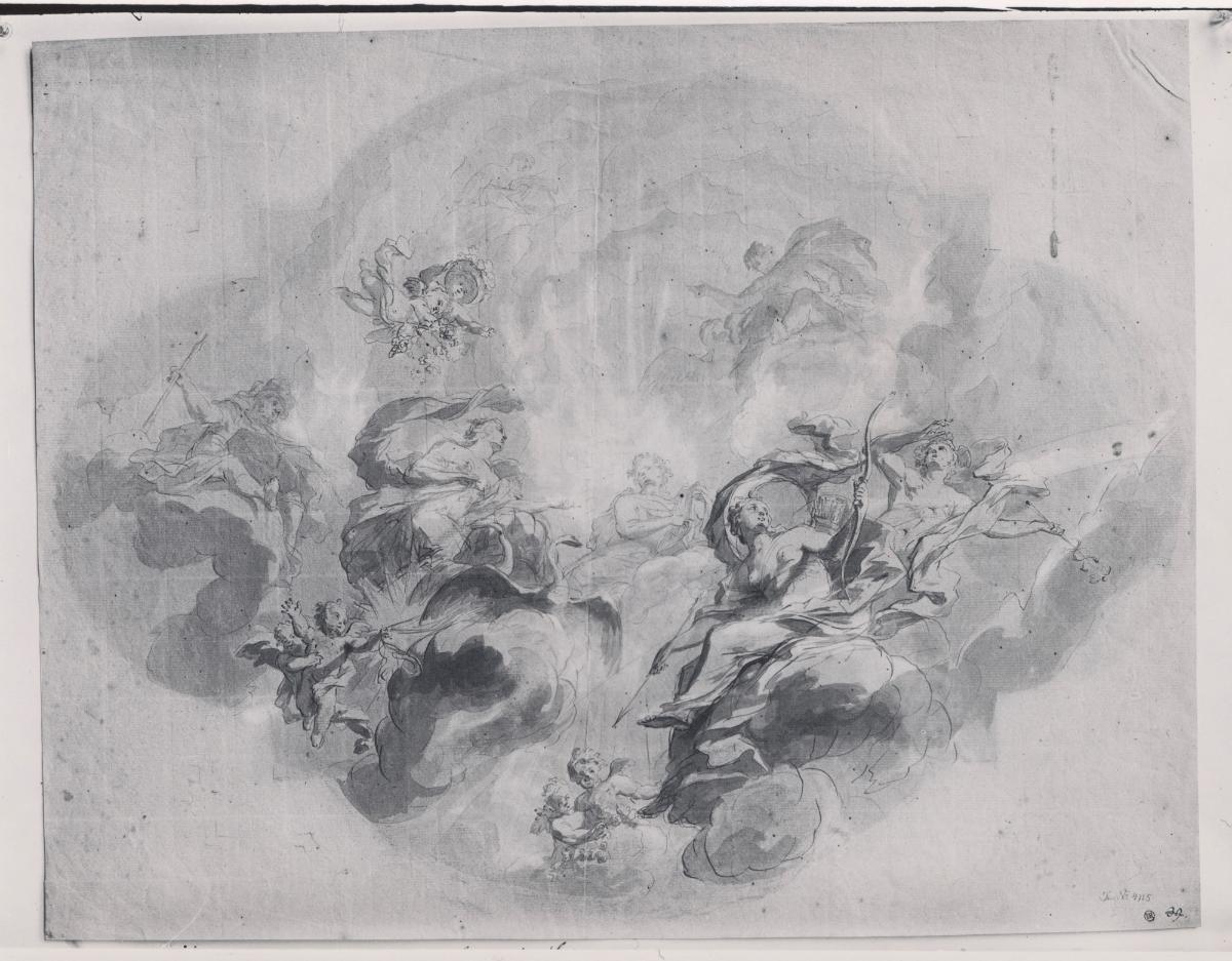 Apollo zwischen Göttern auf Wolken