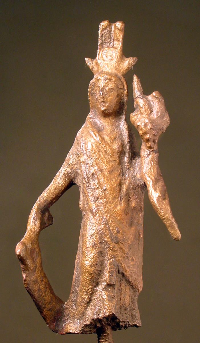 Römische Statuette der Tyche mit Füllhorn, hohem Kopfputz und Steuerruder