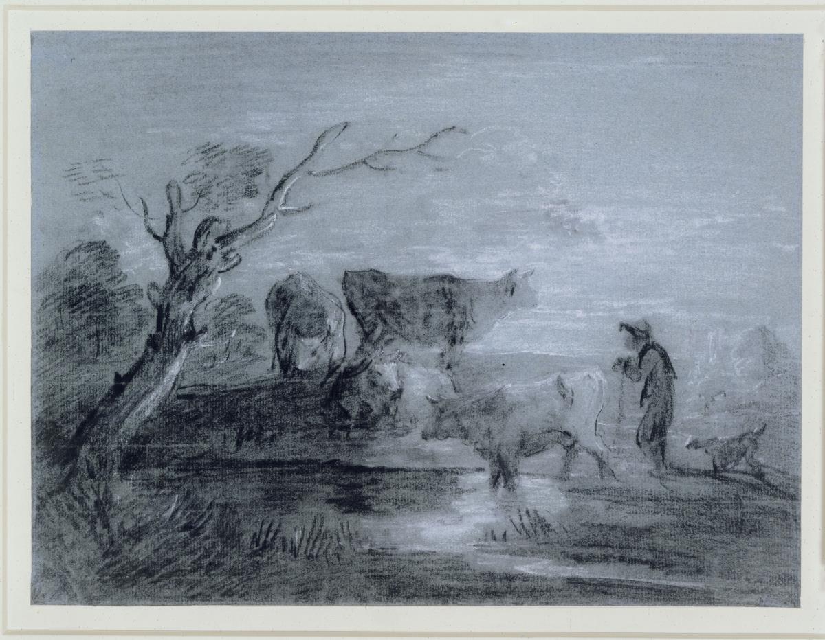 Landschaft mit Kühen und Hirten an einem Teich