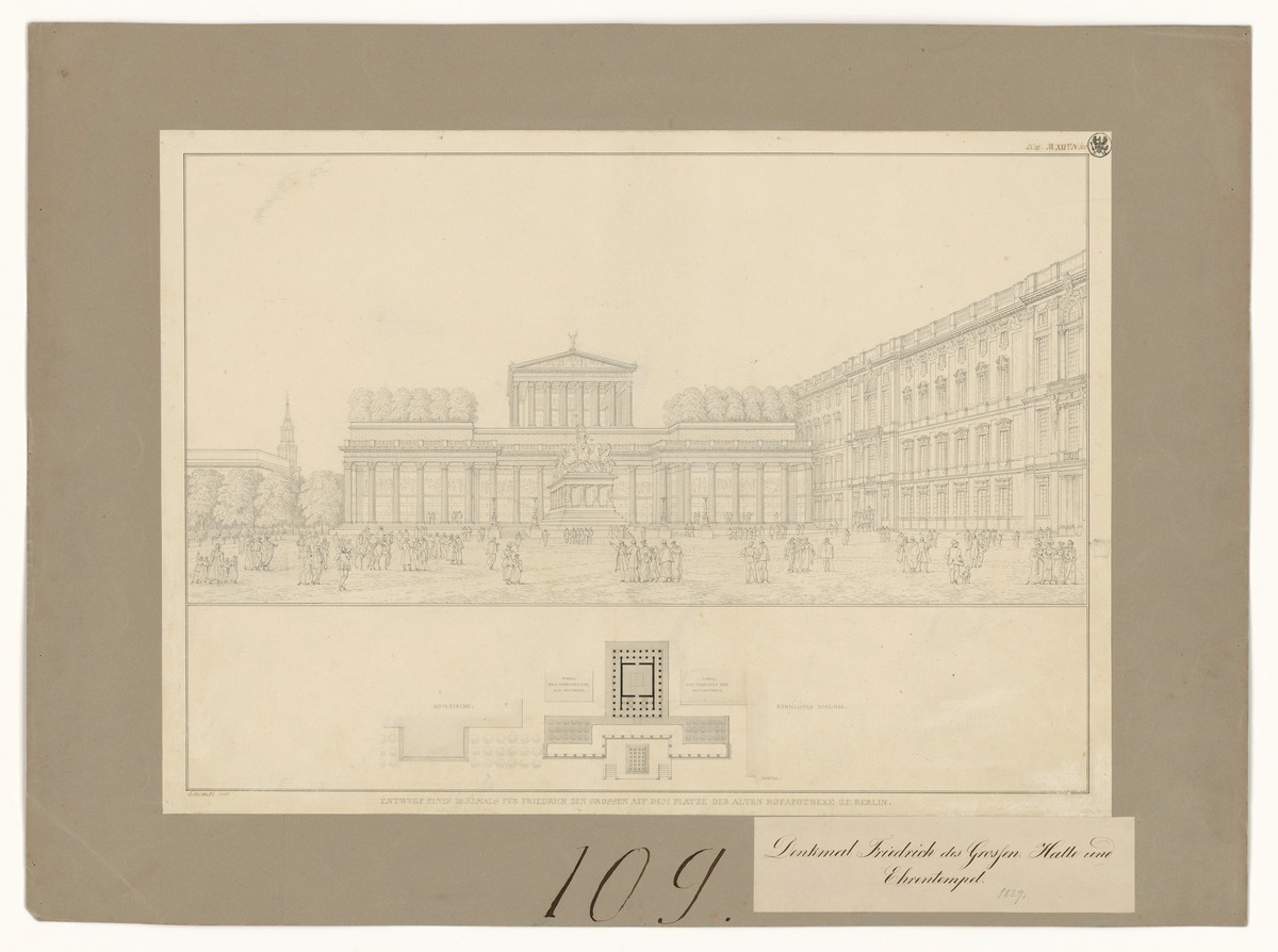 Berlin, Lustgarten. Entwurf für ein Friedrichsdenkmal als Ehrenhalle mit Quadriga anstelle der alten Hofapotheke