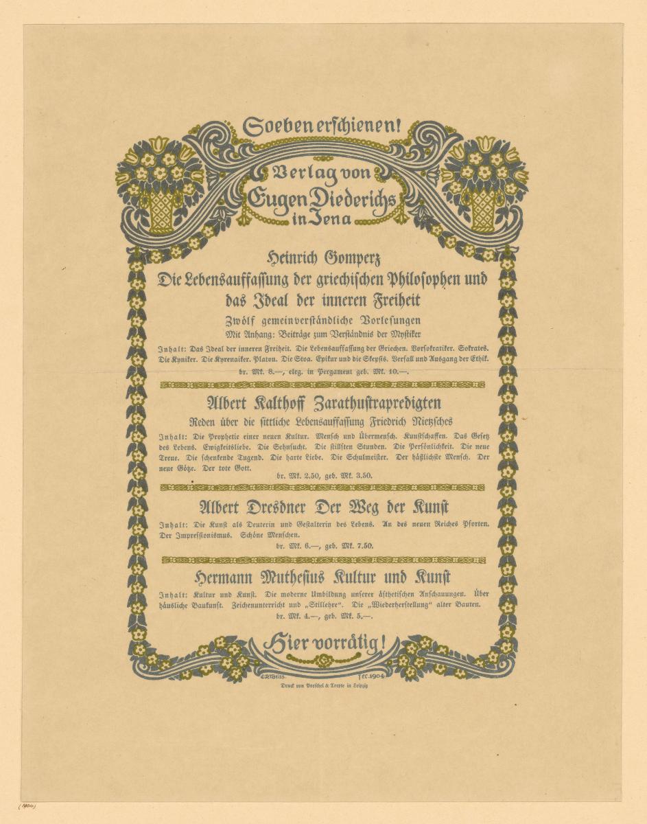 Soeben erschienen! Verlag von Eugen Diederichs in Jena