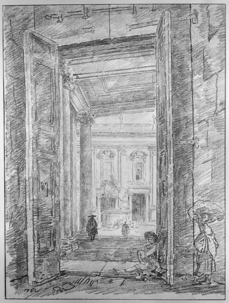 Blick aus dem Konservatorenpalast auf das bronzene Reiterstandbild des Mark Aurel