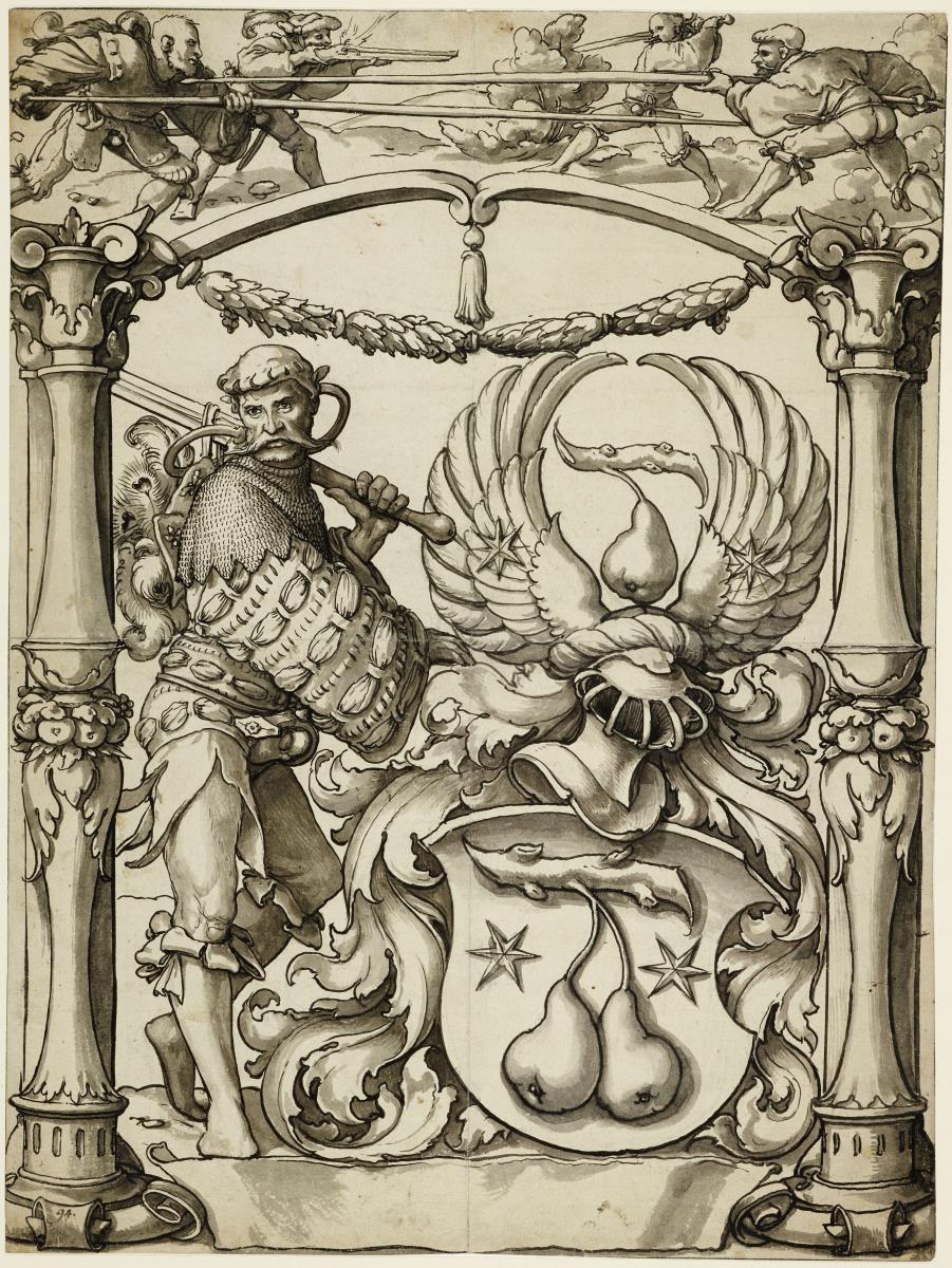 Scheibenriss mit einem Landsknecht und Birnenwappen