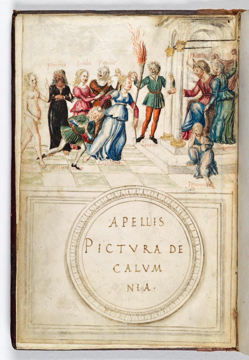 Frontispiz des Buches Calumnia mit der Darstellung der Verleumdung des Apelles