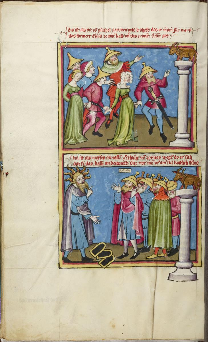 Toggenburg-Bibel. Der Tanz ums Goldene Kalb. Moses zerbricht die Gesetzestafeln